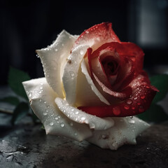 Beautiful white and red rose with water drops, Generative AI