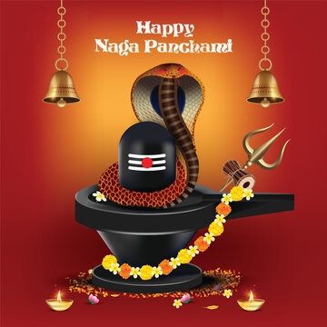 Vector illustration of Nag Panchami. cobra abround decorated shivling 