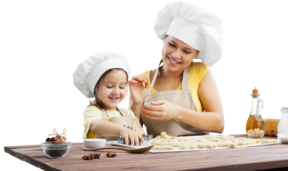 Happy mother and children cooking in the kitchen