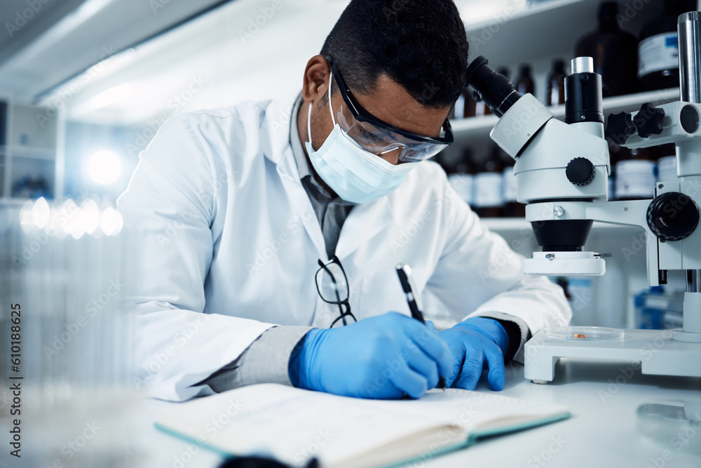 Poster man, scientist and writing for science research, discovery or breakthrough information and notes at 