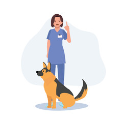 Full length of female Veterinarian with german shepherd dog is giving information suggestion about dog. Profession veterinarian. Flat vector cartoon illustration