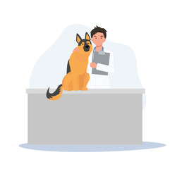 Veterinarian team and dog in the clinic. Veterinary clinic, healthcare service or medical center for domestic animals. Flat vector cartoon illustration