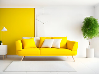 yellow sofa and white wall in modern living room.scandinavian style. 3d rendering