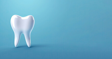 A white 3D tooth on a blue Background. Background Banner mit Negative space for dentist and dentistry.