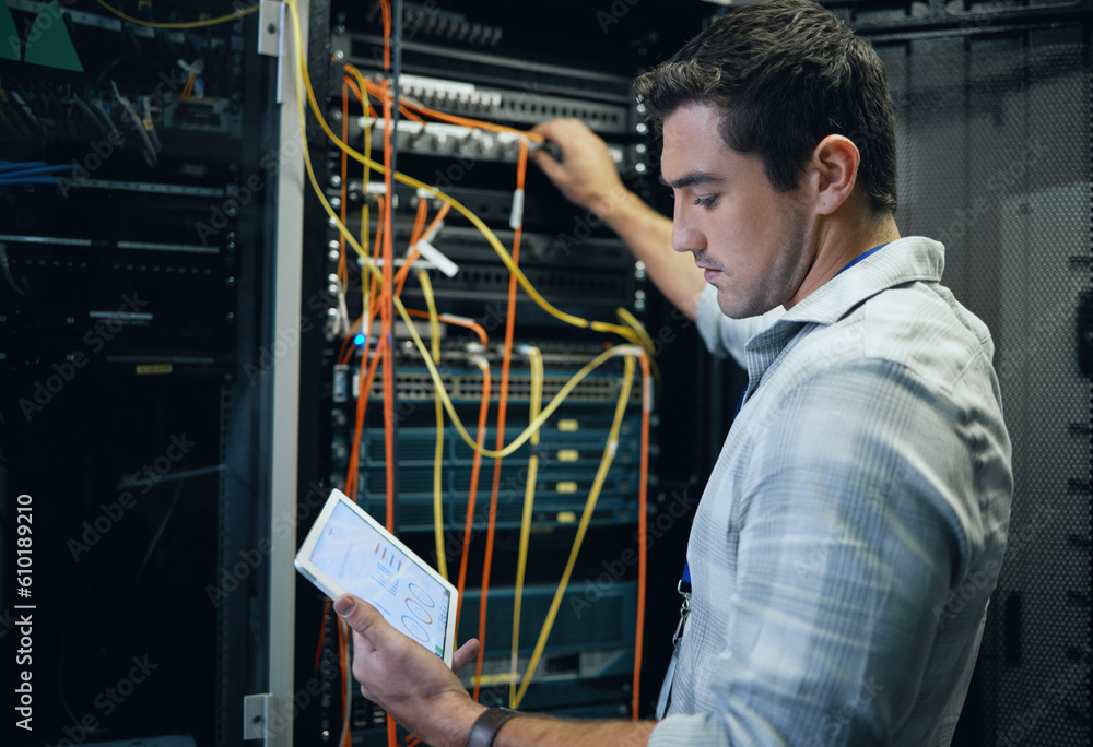 Poster Server room, engineer and man working with a tablet for programming, cybersecurity or cable maintenance. Technician person in a datacenter for network, software or system upgrade with technology app