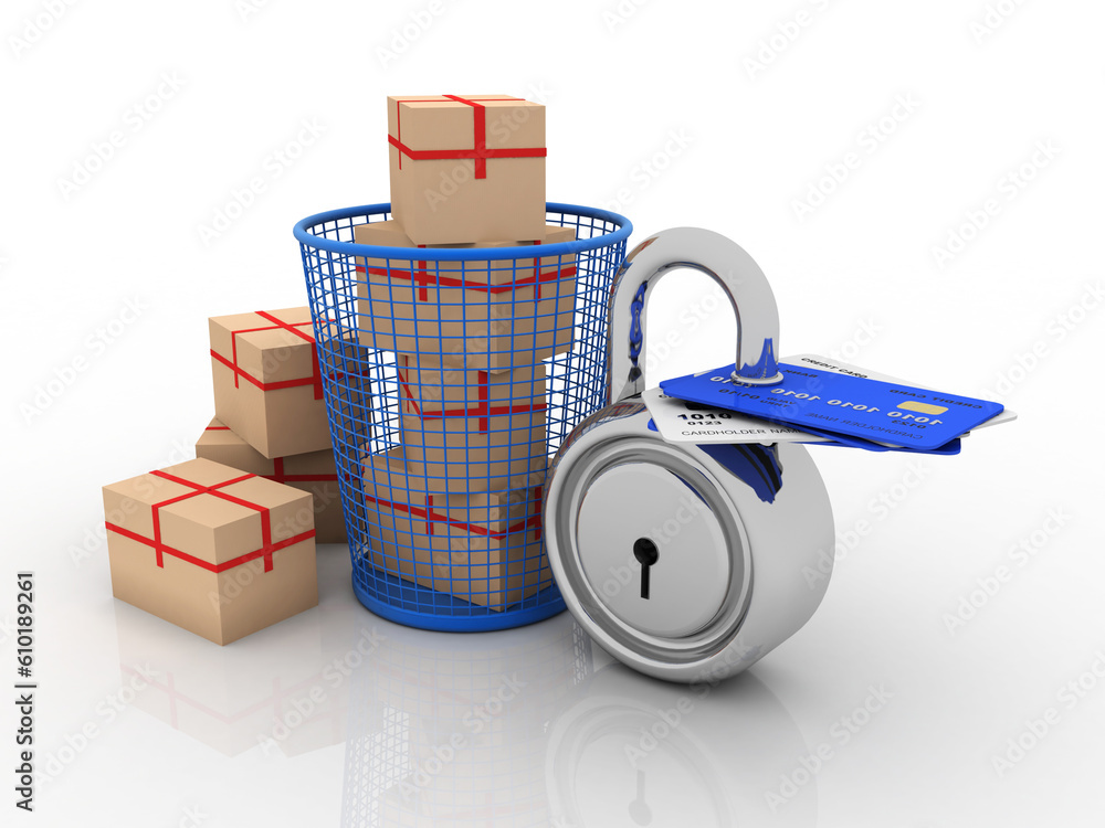 Aufkleber 3d rendering cardboard boxes on basket with debit card protected lock