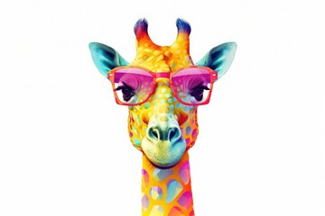 A crtoon colorful giraffe with sunglasses on white background. Colorful. Generative AI