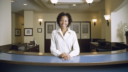 Receptionist Female African-American Young Adult Answering phone and greeting visitors at front desk in Office lobby. Generative AI AIG22.
