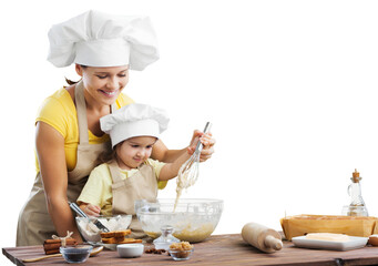 Happy mother and child daughter preparing food
