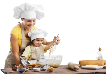 Happy mother and child daughter preparing food