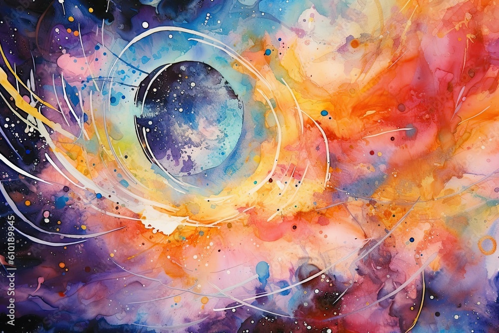 Wall mural Cosmos scene of of colors. Vibrant colorful watercolor new age style abstract cosmos scene with stars galaxies swirling vibrant colors. Colorful. Generative AI