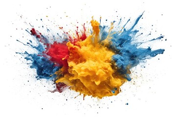 Explosion of red yellow blue powder on white background. Colorful. Generative AI