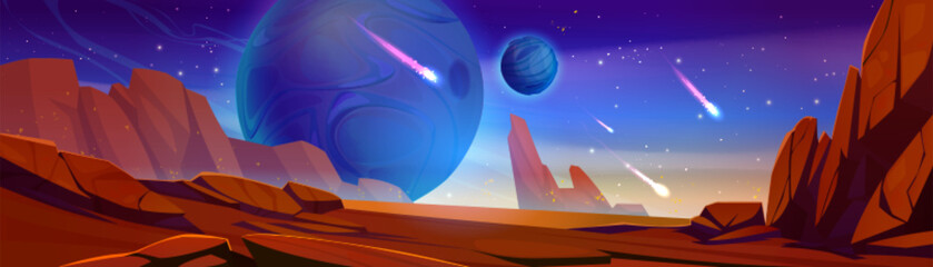 Cartoon space planet game vector background illustration. Night fantasy mars ground surface with falling meteor or comet in sky. Galaxy extraterrestrial light landscape with red desert ui scene