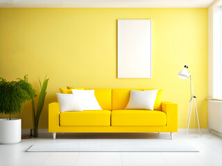 yellow sofa and white wall in modern living room.scandinavian style. 3d rendering
