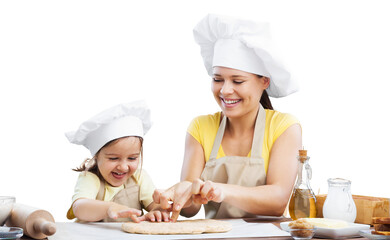 Happy loving family prepares bakery together.