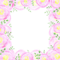 Obraz na płótnie Canvas Pink abstract ranunculus frame boarder. Hand drawn watercolor isolated on white background. Can be used for cards, patterns, label.