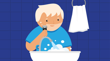 Elderly man brushing his teeth in the bathroom. Vector illustration