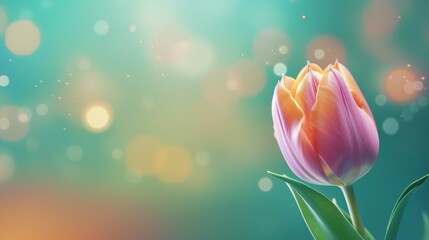 blooming tulip flower on turquoise background with copy space
