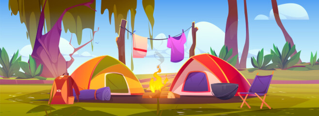 Camp tent in summer forest vector illustration. Picnic adventure on nature outdoor vacation. Cartoon trekking, bonfire, clothes on rope, cauldron and backpack tourism equipment for recreation