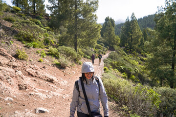 Hiking group ascending to Roque Nublo