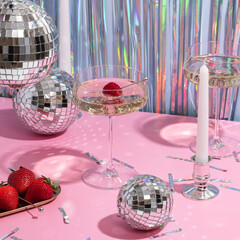 champagne in a glass. party atmosphere. disco ball.