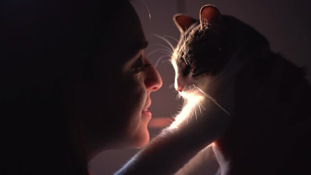 Woman kissing cat pet indoor at home