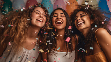 three young girls stand next to each other laughing heartily, celebrating and kenfetti flies, generative AI