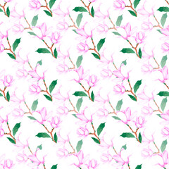 Hand drawn watercolor pink magnolia flower with green leaves seamless pattern. Isolated on white background. Scrapbook, textile, fabric, wrapping.