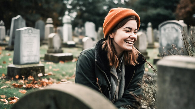 a female stands laughing in the cemetery in front of gravestones, generative AI