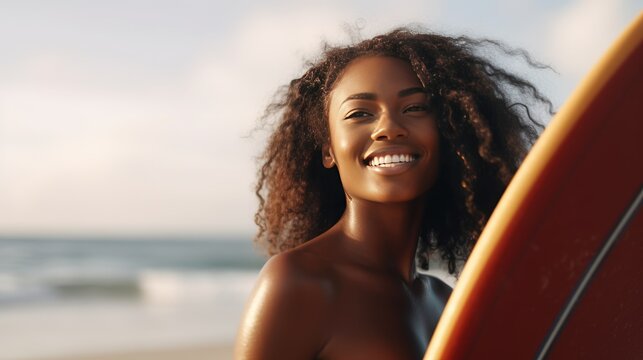 Beautiful smiling African American woman with surf board on a beach at sunrise generative ai