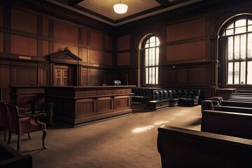 Vintage wooden courtroom interior. 3D Rendering. Retro style. Empty huge vintage courtroom view, AI Generated - obrazy, fototapety, plakaty