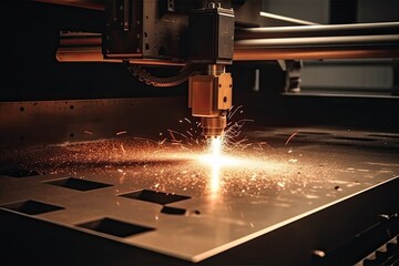 The fiber laser cutting machine cutting the sheet metal with the sparking light. laser CNC machine cutting off a metal plate in a manufacturing facility, with sparks flying, AI Generated - obrazy, fototapety, plakaty