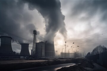 Power plant polluting the environment. Pollution of the atmosphere. coal energy production industry produces electricity through the combustion of coal and closing environment problem, AI Generated