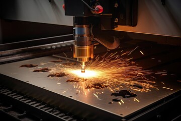 CNC laser cutting machine cutting metal with sparks. High technology. laser CNC machine cutting off a metal plate in a manufacturing facility, with sparks flying, AI Generated - obrazy, fototapety, plakaty