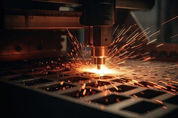 Industrial CNC laser cutting metal with sparks. Small depth of field. laser CNC machine cutting off a metal plate in a manufacturing facility, with sparks flying, AI Generated - obrazy, fototapety, plakaty