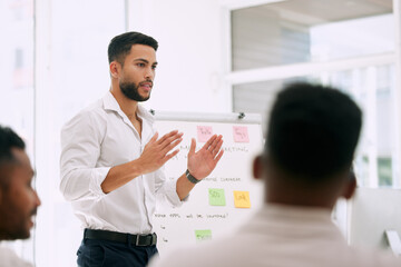 Presentation, speaking and business people with mentor in meeting for career planning, ideas and team mission. Presenter, man or leader talking to employees, brainstorming and training on whiteboard