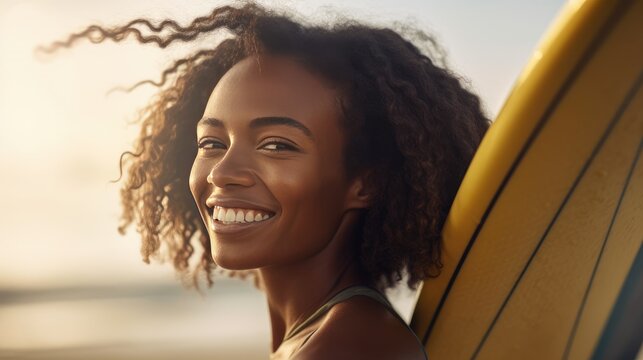 Beautiful smiling African American woman with surf board on a beach at sunrise generative ai