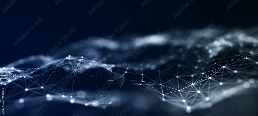Poster Abstract digital background. Space filled with polygons and dots. 3D wave.