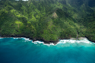 Tropical Mountains and Ocean in Kauai Hawaii From Above