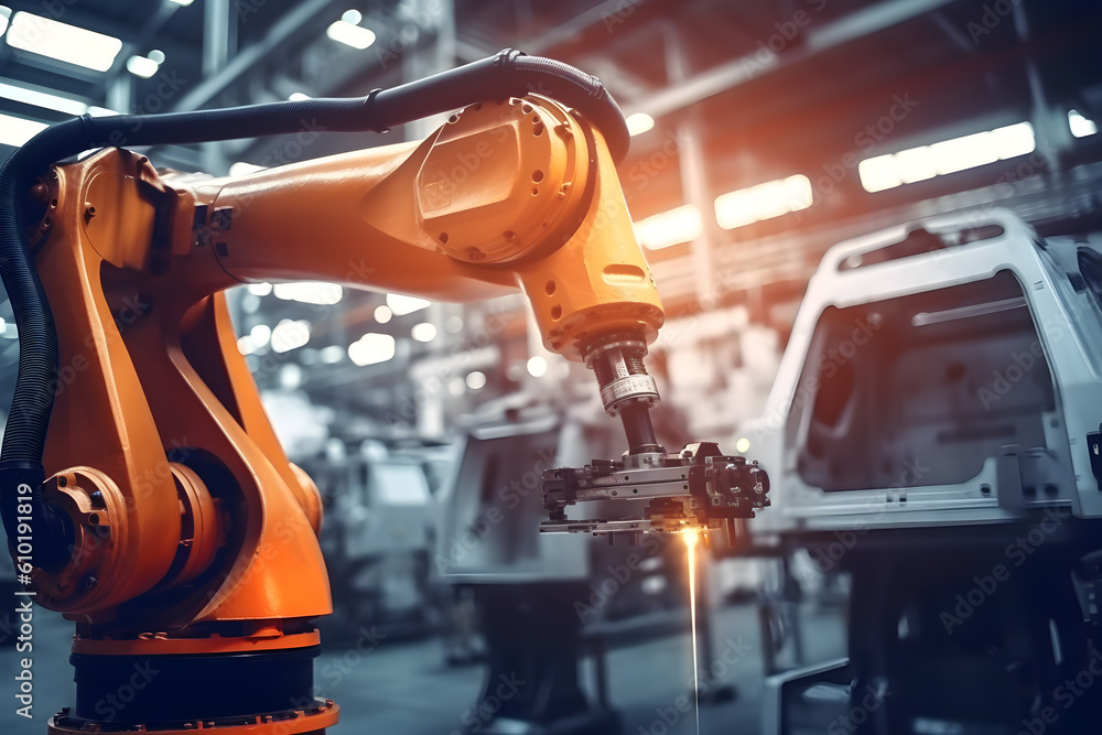 Poster hi-tech orange robotic arm, automatic robot hand for welding in heavy industry, hyperautomation, aut