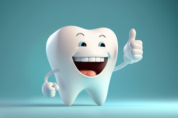 realistic happy white tooth , Tooth cartoon characters with thumbs up on bright background , Cleaning and whitening teeth concept, Created with generative AI