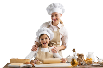 The beautiful young mother and her little daughter cook at home