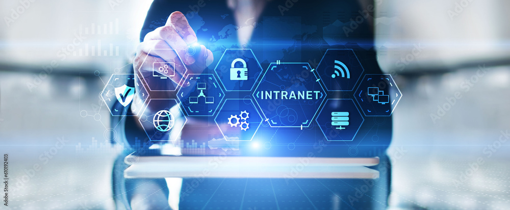 Aufkleber intranet corporate communication network business technology networking concept.
