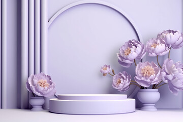 studio setting with pastel purple round podium with peony flowers and geometric shapes created with AI generative tools