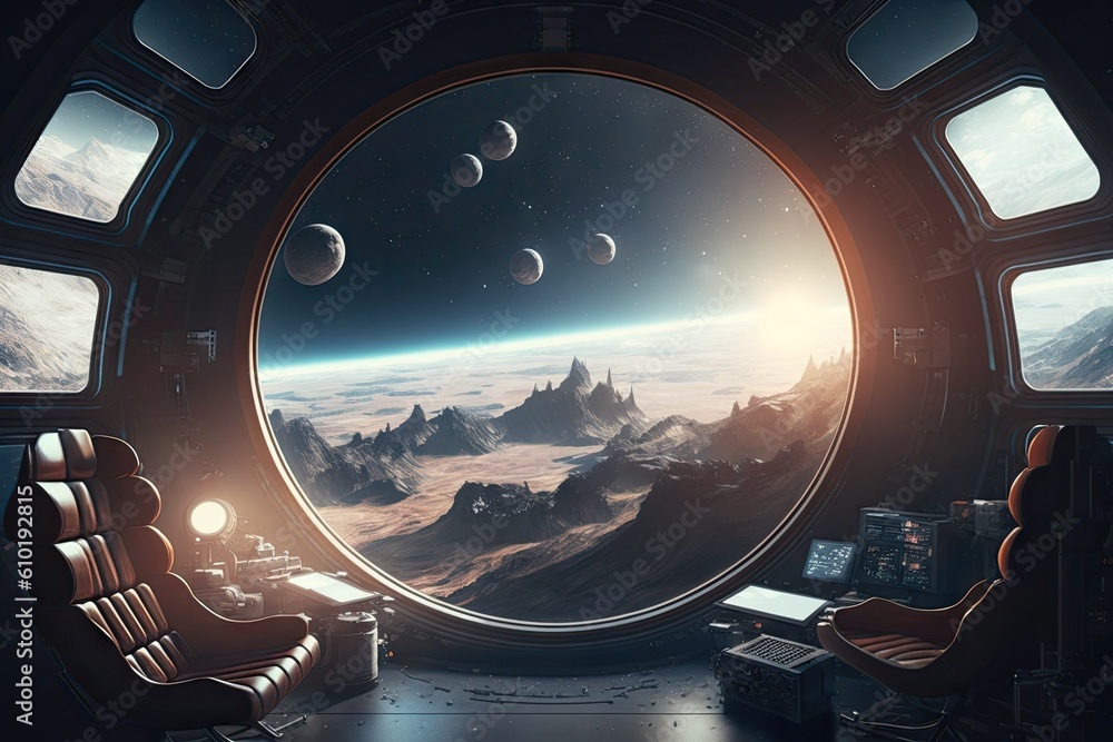 Poster spaceship dark interior with view on distant planets solar system. generative ai aig15.