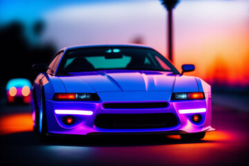 Fototapeta na wymiar Sports sporty futuristic car on a neon background in the style of the 80s, 90s. night scene. front view. Generative ai.
