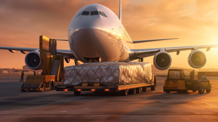 Plane with cargo packages on runway. Generative AI