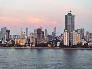 Modern City high-rise skyscraper buildings. Aerial drone view of the Financial District in Mumbai. Daytime Mumbai City, India