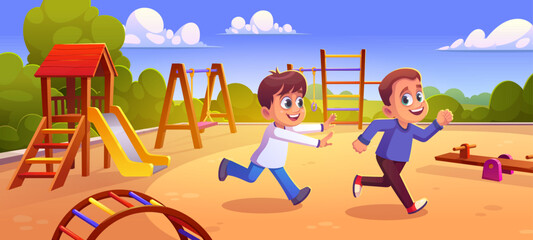 Playground park in kindergarten with children cartoon vector landscape. Summer public recreation play ground outdoor design with swing, slide and seesaw amusement activity for happy child boy.