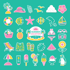 夏のイラストアイコンセット / シール / ビーチ、海、自然